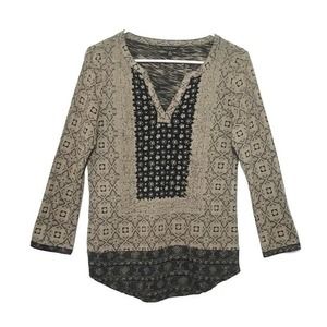 Lucky Brand Placed Print Scarf Top Shirt Womens Size S Black Tan Geometric Print